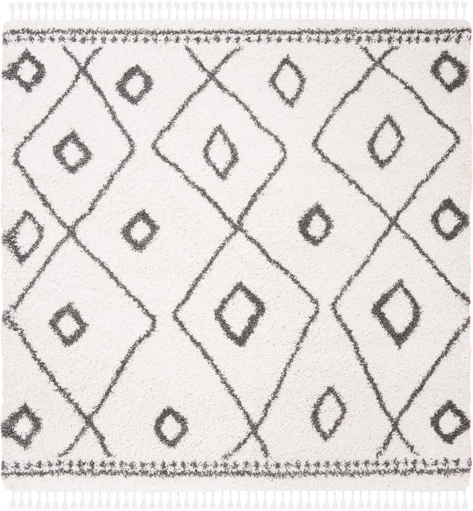 SAFAVIEH Moroccan Fringe Shag Collection Area Rug - 6'7" Square, Ivory & Grey, Boho Tribal Design, Non-Shedding & Easy Care, 2-inch Thick Ideal for High Traffic Areas in Living Room, Bedroom (MFG333A)