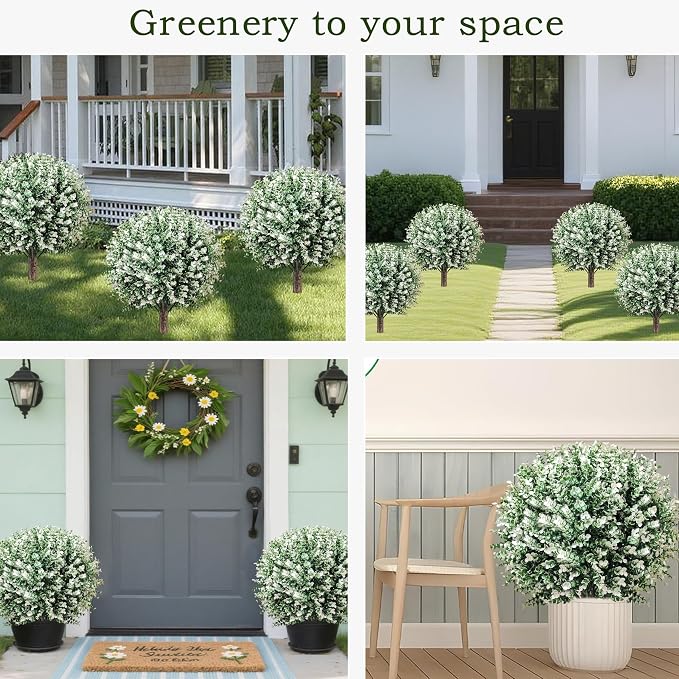 THKFUL 2PCS Artificial Boxwood Topiary Ball Tree, 24" Artificial Plants Outdoor with Spike, UV Resistant Eucalyptus Gazing Balls Fake Bushes Shrubs with Spike for 4th of July Garden Patio Office Home