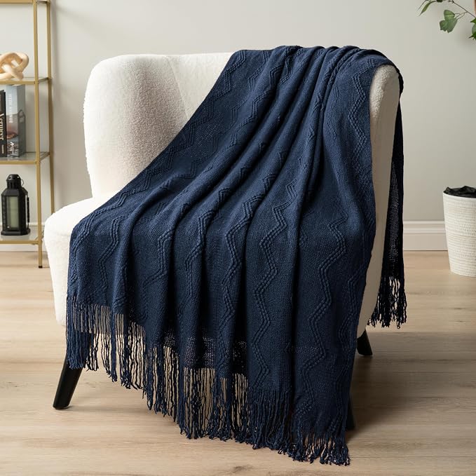 PAVILIA Navy Blue Knit Throw Blanket for Couch, Twin Bed, Soft Knitted Farmhouse Sofa Throw for Living Room, Lightweight Decorative Summer Blanket for Chair, Outdoor Textured Boho Blanket, 60x80