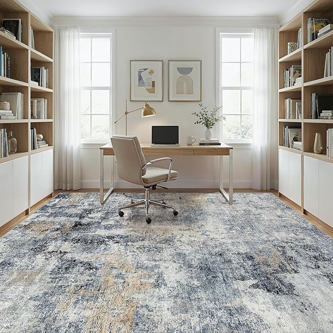 5x7 Area Rug Washable Abstract Rugs for Living Room Blue/Brown | for Bedroom, Dining Room, Office, Nursery, Soft Neutral, Low Pile Non-Slip, Kid Pet Friendly, Large Indoor Carpet, Home Decor