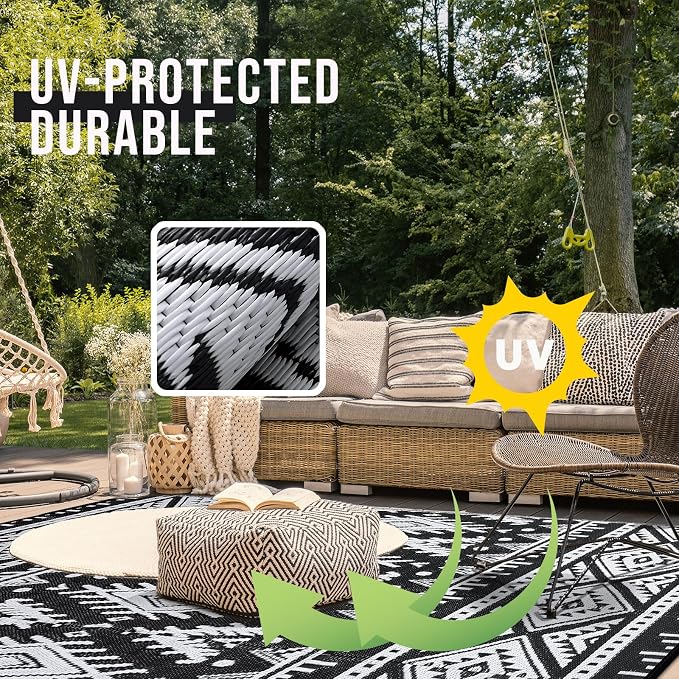 OLANLY Outdoor Rug Waterproof 6x9 ft, Reversible Outdoor Plastic Straw Rug, Boho Patio Rug, Indoor Outdoor Carpet, RV Mat Outside for Patio, Camp, Picnic, Balcony, Deck, Backyard, Black & White