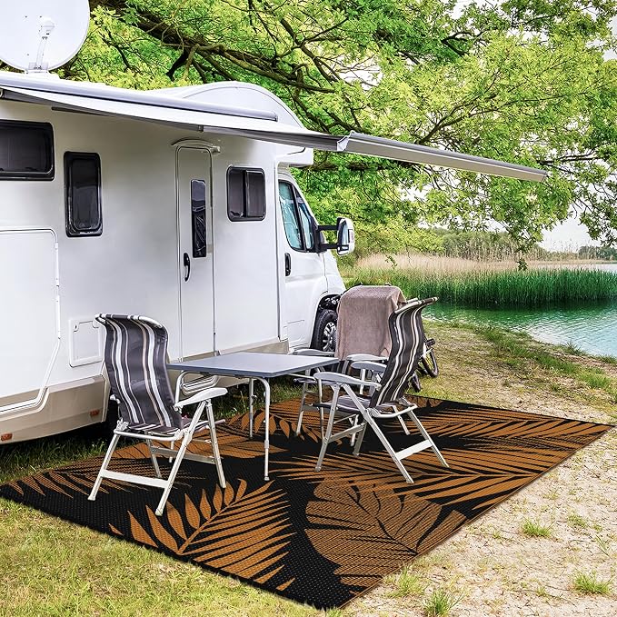 GENIMO Outdoor Rug 6' x 9' Waterproof for Patios Clearance, Reversible Outdoor Plastic Straw Camping Rug Carpet, Large Area Rugs Mats for RV, Camper, Deck, Balcony, Porch, Beach, Picnic, Orange&Black