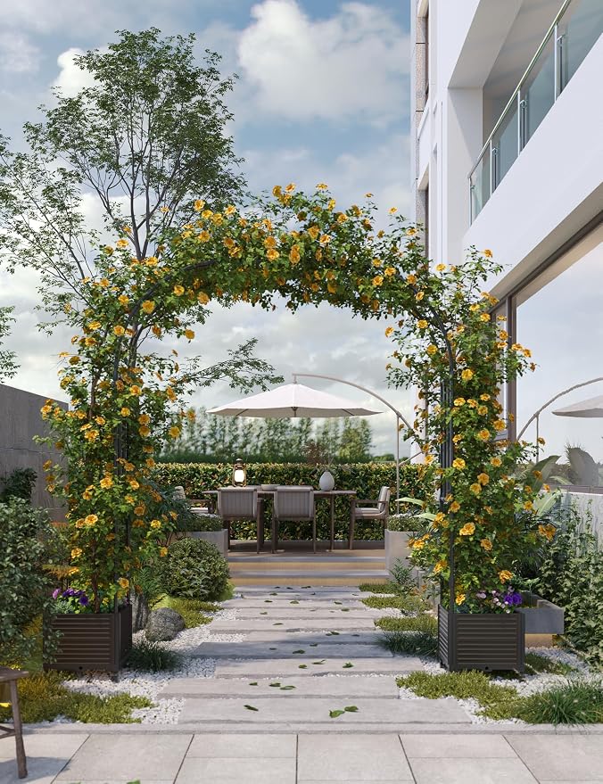 71" Tall Garden Arch Trellis for Climbing Plants – Metal Wedding Arch with Planter Box, Flower Frame Backdrop Stand – Rustproof Arbor for Wedding, Party, Balloon Decor & Outdoor Plant Support