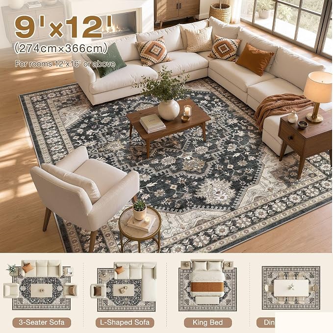 DTICON Vintage Washable 9x12 Area Rug Living Room Rugs, Black | Boho Distressed, Pet & Kid Friendly, Non-Slip Backing, Soft Polyester, Low-pile Carpet for Living Room, Bedroom, Dining Room
