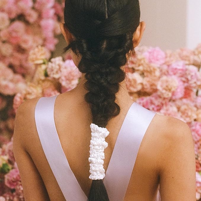 Slip Silk Hair Ties — Skinny Silk White Scrunchies, No Damage, No Crease, Anti-Breakage |100% Mulberry Silk | All Hair Types | Made with Proprietary Slipsilk™ | Set of 4