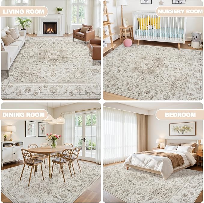 Washable 9x12 Area Rugs for Living Room Beige White Non-Slip Rug | Vintage Medallion Rug，Soft Low Pile Large Rugs，Indoor Retro Carpet for Bedroom Nursery Dining Table Farmhouse Home Office