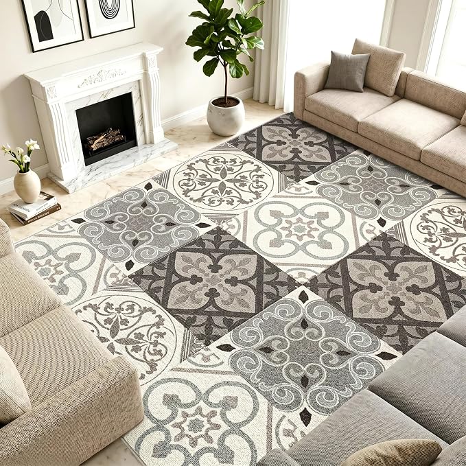 Washable Geometric Moroccan Area Rug 8x10, Non-Slip Low-Pile Stain Resistant Modern Indoor Carpet for Living Room Dining Room Bedroom Office, Grey Brown