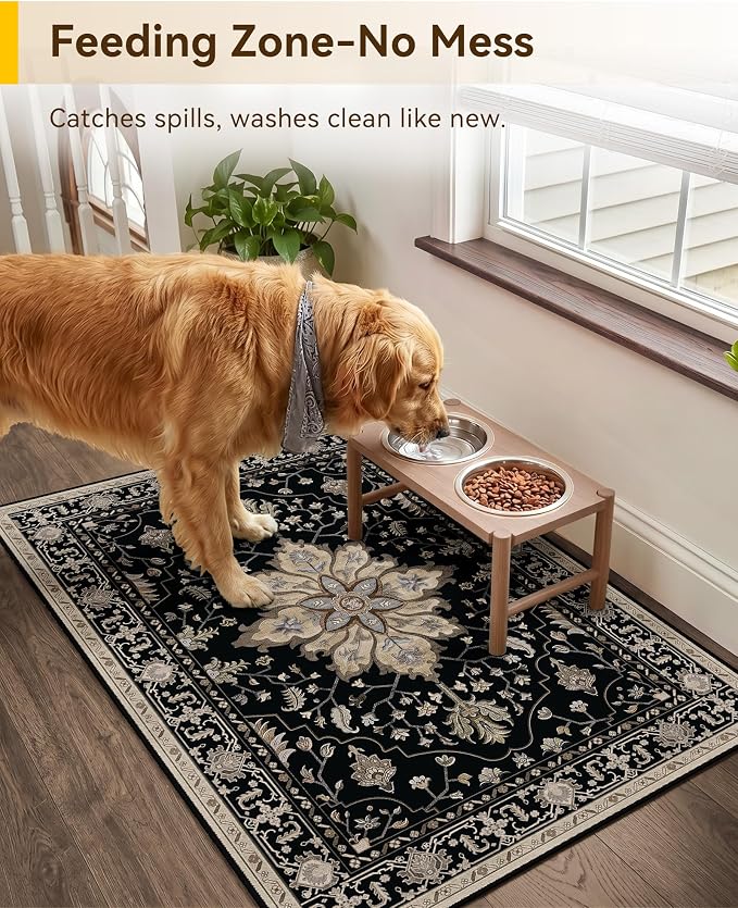 RELEANY Washable Area Rug, Small 2'x3', Black/Neutral | Non-Slip, Water Repellent, Pet Friendly, Easy to Clean, Vintage Floral Boho Decor for Kitchen Entryway Bathroom