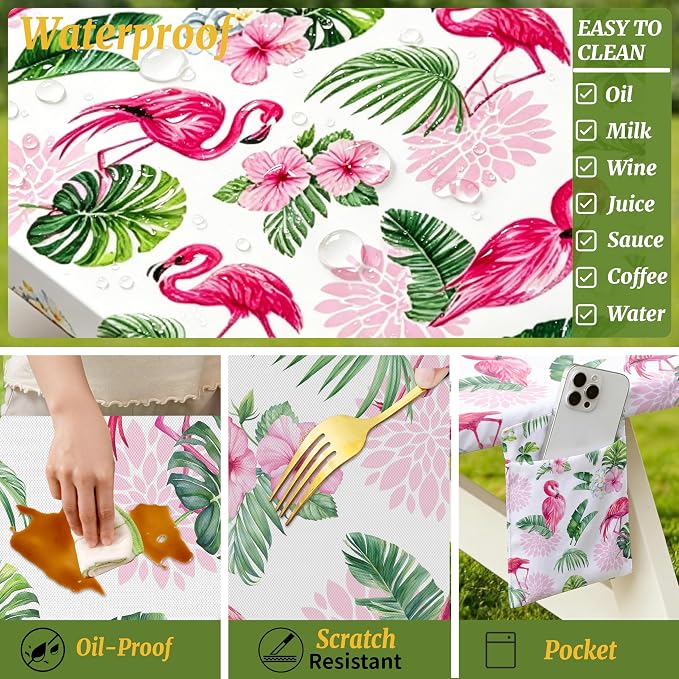 Picnic Table Cover with Bench Covers Elastic,Fitted Table Cloths for Rectangle Tables 6 Foot Washable,Waterproof Tablecloth for Outdoor Camping Essentials Accessories(6 Foot,Flamingo)