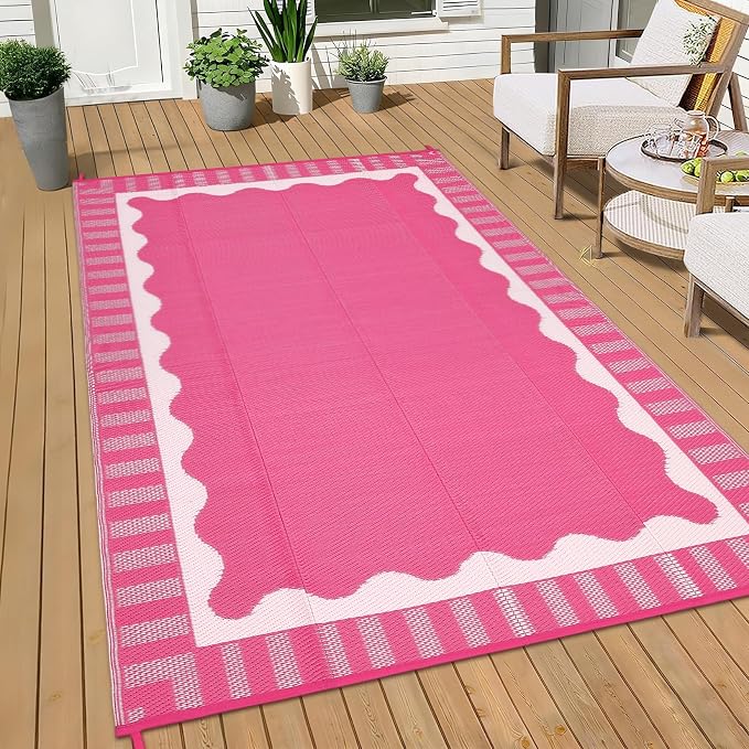 Garvee Scalloped RV Rugs for Outside 9x18 Patio Rugs Outdoor Waterproof, Modern Border UV Resistant Reversible Rug, Foldable Plastic Straw Carpet for Picnic, Backyard, Porch, Beach, Camper, Hot Pink
