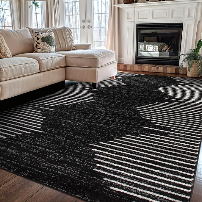 Rugshop Bohemian Stripe Stain Resistant Area Rug Black 6'6" x 9' | High Traffic, Rectangular, Size 6'6" x 9', Living Room, Bedroom, Dining Room, Home Office, Kitchen, Entryway, Hallway