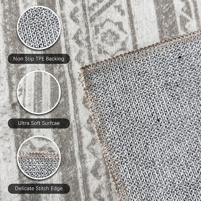 Washable Area Rugs 2'6'' x 8' - 1/6 Thick - Moroccan-Inspired -Stain & Water Resistant Non-Slip - Resistant Rug for Living Room, Bedroom, Nursery, Pet & Child Friendly (Grey)
