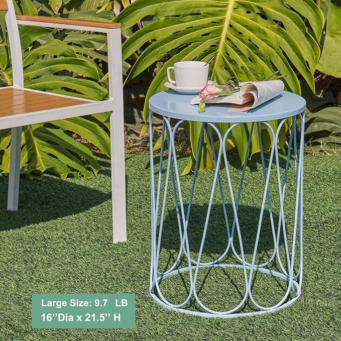 Y&M Outdoor Side Tables Set of 3, Round Metal Stacking Patio Side Tables, Indoor & Outdoor End Tables, Decorative Garden Stool Plant Stand for Patio, Garden, Balcony, Porch, Light Blue