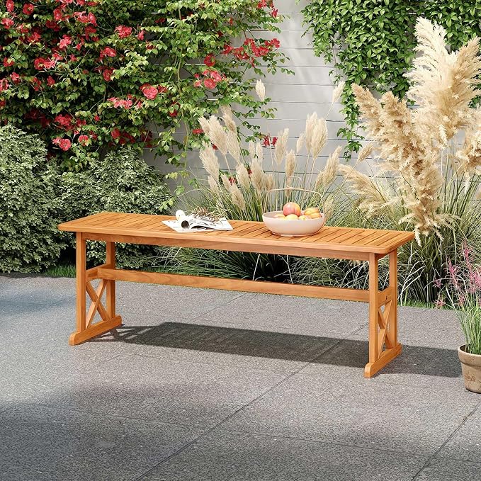 HAPPYGRILL Acacia Wood Outdoor Bench for 2-3 People, Patio Bench with Slatted Seat & X-Shaped Frame, for Porch Garden Backyard and Park (1)