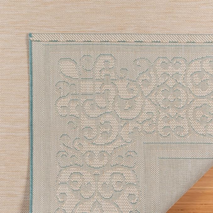 Gertmenian Indoor/Outdoor Flatweave Area Rug - 9x13 Extra Large, Stain & UV Resistant, Ideal For Deck, Patio, Poolside, Mudroom - Abstract Border, Aqua Blue Cyan, 22964