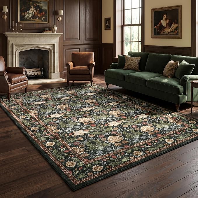 GarveeHome Green Washable Area Rug 5x7, Retro Floral Low Pile Non Slip Living Room Rug Soft Cottage Core Rug Farmhouse Indoor Carpet for Bedroom Dining Room Playroom