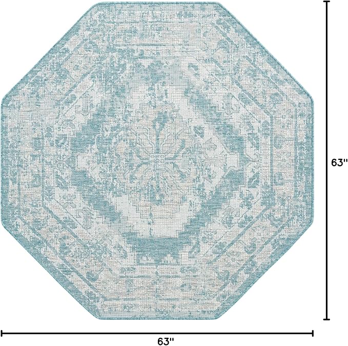 Unique Loom Outdoor Traditional Collection Area Rug - Valeria (5' 3" Octagon, Aqua/ Ivory)