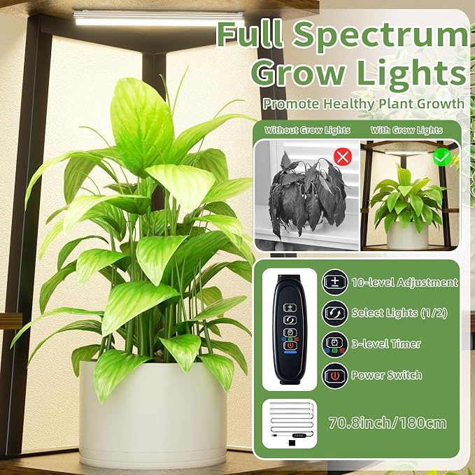 LATIBELL Corner Plant Stand Indoor with Grow Light, 72'' Tall Plant Shelf for Indoor Plants, 8 Tiered Metal Tree-Shaped Display Capable of Holding Large Pots for Home, Patio and Balcony, Black