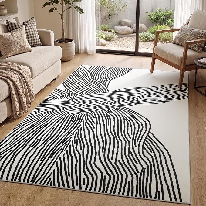 5×7Ft Area Rugs, Abstract Washable Rug, Modern Black and White Rug for Bedroom Living Room Dining Room Office Playroom Nursery, Nonslip Throw Non-Shedding Thin Contemporary Striped Rugs | Soft low-pile modern striped 5x7 rug with non-slip backing; mach...