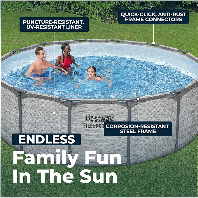 Bestway Steel Pro MAX 14' x 48" Above Ground Pool, Round Metal Frame Outdoor Swimming Pool Set with Filter Pump, Ladder, and Cover, Gray Stone Print