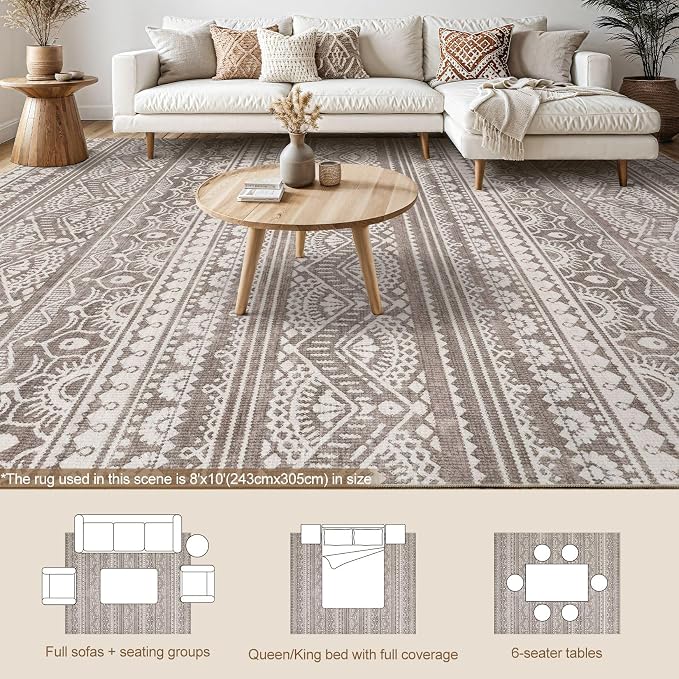 Tortania Area Rug Living Room Rugs - 8x10 Washable Large Soft Neutral Boho Moroccan Bohemian Farmhouse Rug Indoor Floor Carpet for Bedroom Under Dining Table Home Office Decor - Dark Brown