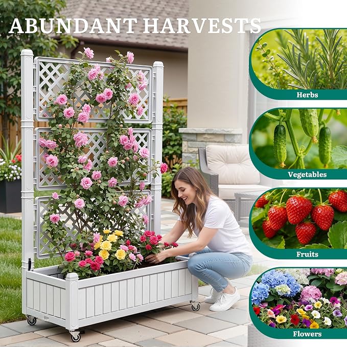 YITAHOME 43.3x17.7x61 in Planter Boxes Outdoor with Trellis, Resin Raised Garden Bed with Wheels & Drain Plug for Climbing Plants, Weather-Resistant Design Elevated Garden Bed with Trellis, White