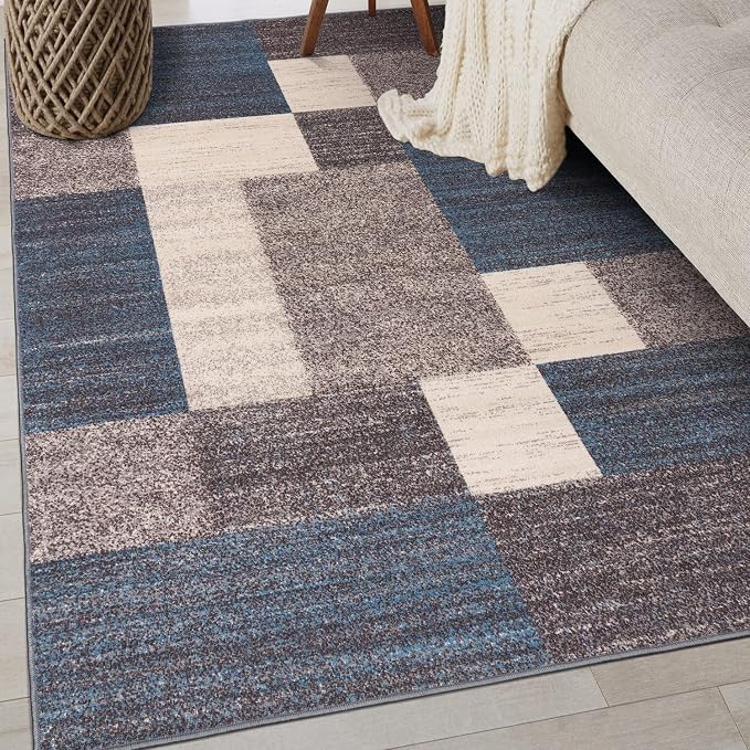 Rugshop Geometric Boxes Non-Slip Contemporary Area Rug Blue 3'3" x 5' | Non-Shedding, Rectangular, Size 3'3" x 5', Living Room, Bedroom, Dining Room, Home Office, Kitchen, Entryway, Hallway