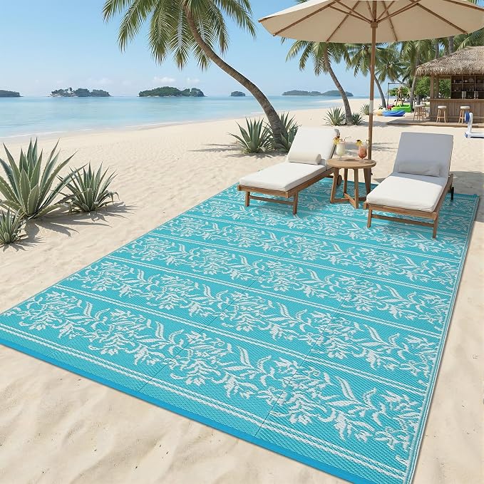 Garvee Outdoor Rugs 9x18 Waterproof Reversible Mat Boho Leaf Patio Rug with 4 Stakes and Starage Bag, Large Outdoor RV Mat Rugs for Camping, Picnic, Balcony, Deck, Backyard, Teal & White