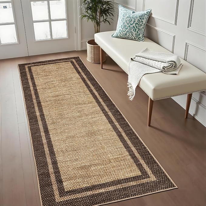 COZYLOOM Bathroom Rug Runner 2x6 Washable Area Rugs for Entryway, Brown | Non Slip Stain Resistant Modern Bordered Non Shedding Low Pile Foldable Soft Mats for Bedroom Hallway Kitchen