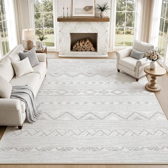 Zomfy Washable Rug 8x10 Area Rugs for Living Room(Grey, 8'x10') | Geometric Boho Modern Rugs Large Non Slip Soft Carpet Low Pile No Shedding Print Rug for Bedroom Dining Room Home Office