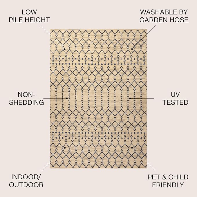 JONATHAN Y Moroccan Geometric Indoor Outdoor Round Area Rug 5 Ft Beige/Navy, Ourika Textured Weave for Backyard, Patio, Porch, Easy-Cleaning, High Traffic, Pet-Friendly, Non-Shedding (SMB108H-5R)