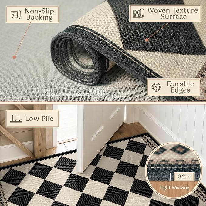 Black and White Geometric Outdoor Easy Jute Front Porch Rug 3x4, Washable Non-Slip Vintage Entryway Rug, Classic Traditional Low Pile Indoor Carpet for Kitchen, Bathroom, Laundry Room