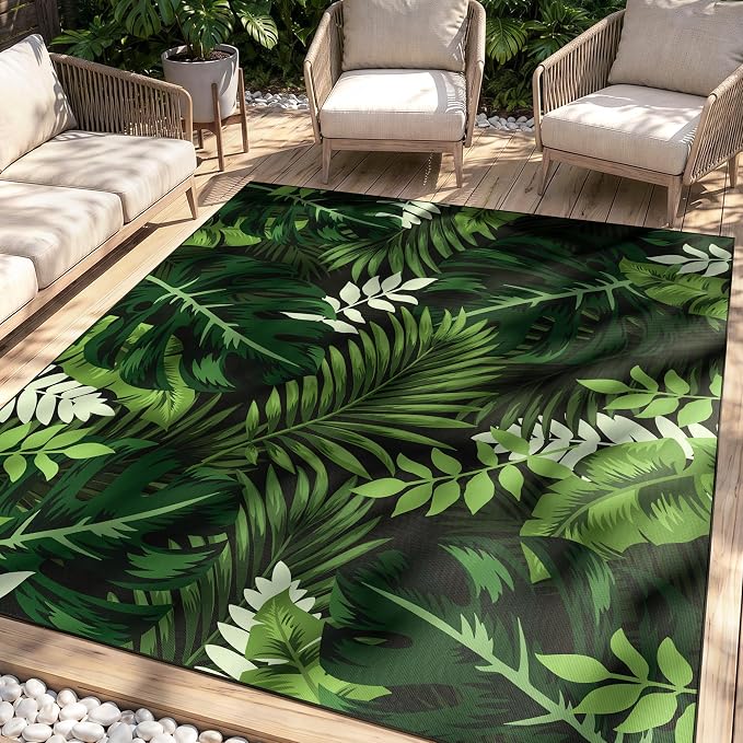 Arenarug 9x12 Monstera Tropical Outdoor Rug – Waterproof Non-Slip Machine Washable Patio Rug, UV & Stain Resistant Outdoor Carpet for Patio Deck Balcony Backyard, Dark Green