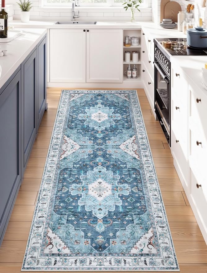 SERISSA 2x6 Washable Non Slip Boho Runner Rug for Hallway | Ultra Soft Vintage Oriental Carpet Low-Pile Distressed Blue Floor Carpet for Kitchen Bedroom Bathroom Laundry Living Room