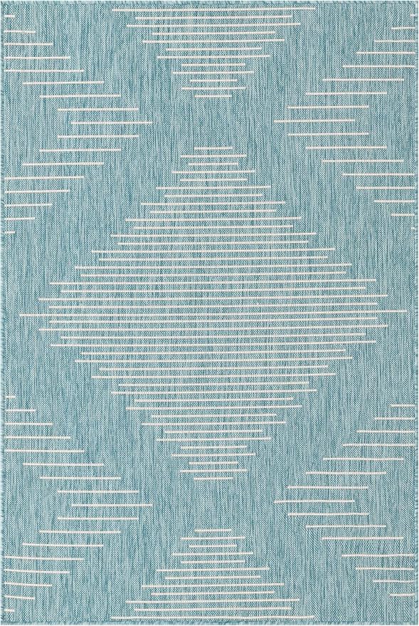 Unique Loom Outdoor Modern Collection Area Rug - Tambor (4' 1" x 6' 1" Rectangle, Light Aqua/ Ivory)