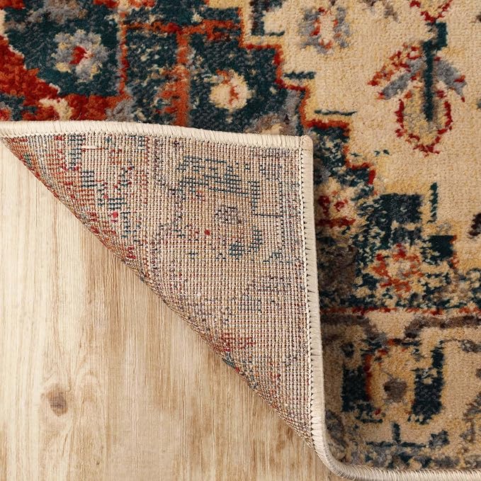 Superior Indoor Area Rug or Runner, Patchwork Rustic Leaves Floor Decor, Soft Plush Rugs for Living Room, Office, Kitchen, Dining, Aesthetic Home Accessories, Zelder Collection 8ft x 10ft -Ivory-Teal