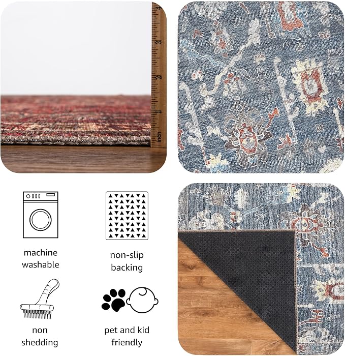 Keen Home Design Vintage Washable Area Rug, Non-Slip Low Pile, 4x6 | Machine Washable Cotton Chenille, 0.25In Low Pile, Rubber Non-Slip Back; Kitchen, Entryway, Bedroom, Dining Room