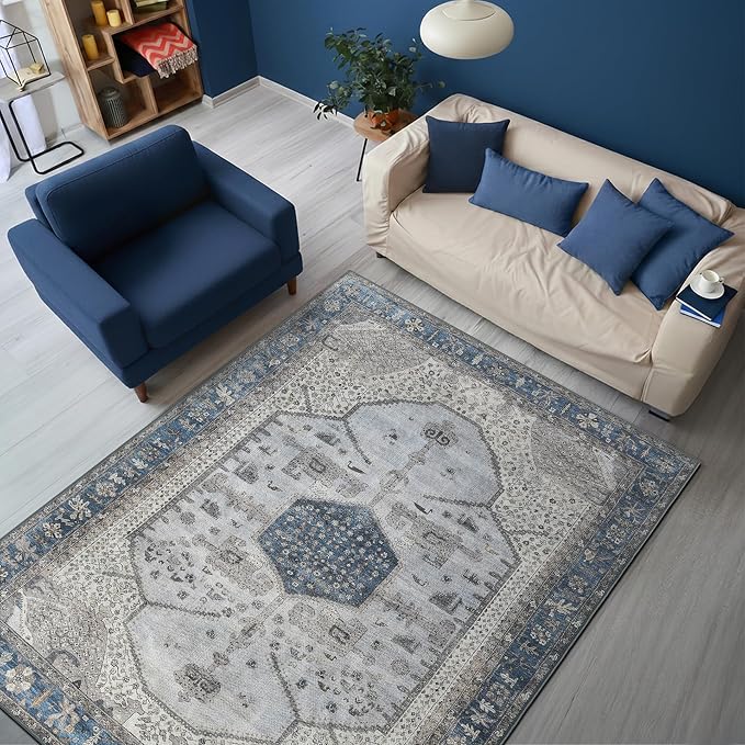 Keen Home Design Vintage Washable Area Rug, Non-Slip Low Pile, 5x7 | Machine Washable Cotton Chenille, 0.25In Low Pile, Rubber Non-Slip Back; Living Room, Bedroom, Dining Room, Office