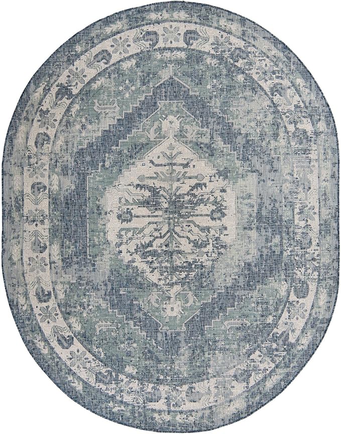Unique Loom Outdoor Traditional Collection Area Rug - Valeria (7' 10" x 10' Oval, Blue/ Ivory)