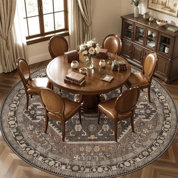 Ciicool 8ft Round Area Rugs for Living Room,Soft Circle Carpet for Bedroom | Large Oriental Low-Pile Vintage Non-Slip Indoor Mat for Kitchen Entryway Bedside Laundry Bathroom Dining Room Foyer Decor