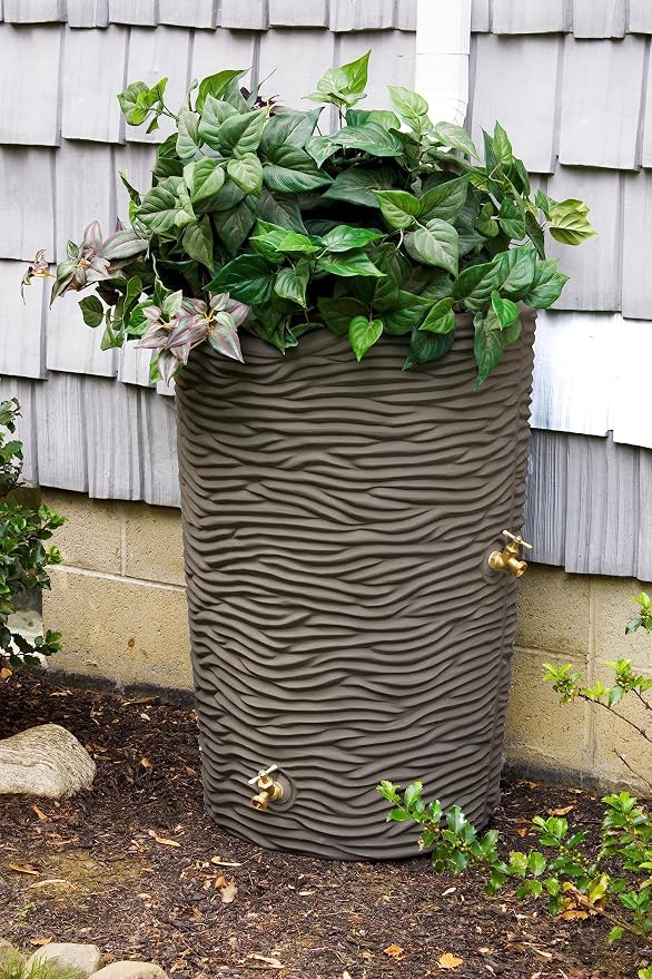Good Ideas Impressions 50-Gallon Rain Saver Barrel Faux Palm Trunk Surface, Dual Spigot Locations with 2 Brass Spigots and Screen, Oak