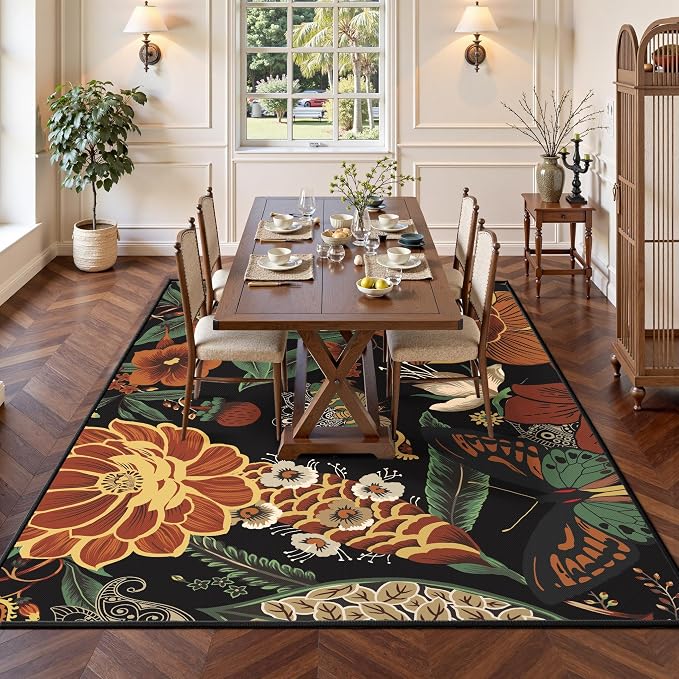 Tyrot Vintage Black Boho Floral Living Room Rug, 5x7 Rug Flat Woven Washable Botanical Butterfly Area Rugs Ultra-Thin Non Slip Low Pile Carpet for Bedroom, Dining Room, Office