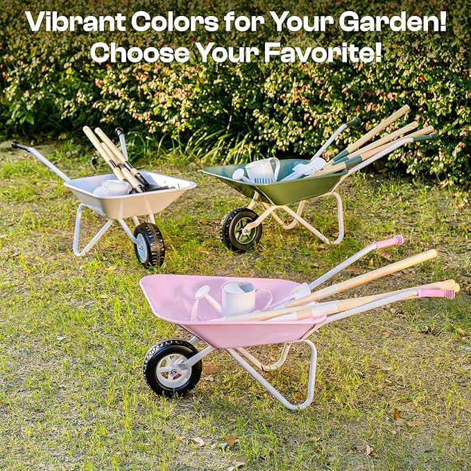 ROBUD Kids Wheelbarrow with Gardening Tools Set, Educational Kids Gardening Set with Kid Wheelbarrow, Toddler Gardening Set, Watering Can, Plant Labels, for Ages 3+ Boys Girls(Green)