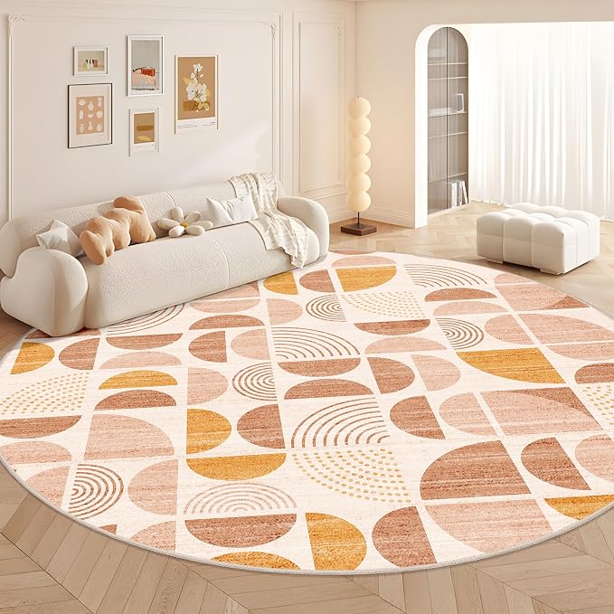 Round Rugs 9ft,Circle Area Rug Washable Non Slip Modern Abstract | Circular Rugs for Living Room Dining Room Boho Large Throw Carpet Soft Low Pile Floor Indoor Bohemian Orange