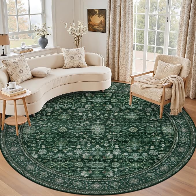 Round Area Rug for Living Room: 8ft Boho Washable Rug Deep Green | Vintage Boho Soft Round Rug Indoor Floor No Slip Carpet Stain Resistant Rugs for Bedroom Dining Room Nursery Home Office