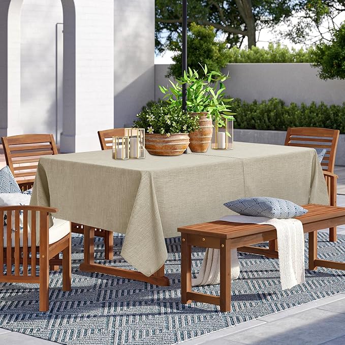 LUSHVIDA Outdoor Tablecloth with Umbrella Hole - Patio Table Cloth Zippered Rectangle 60x120 Inch, Linen-Look Polyester Table Cover Water Resistant for Picnic Outside, Natural Color