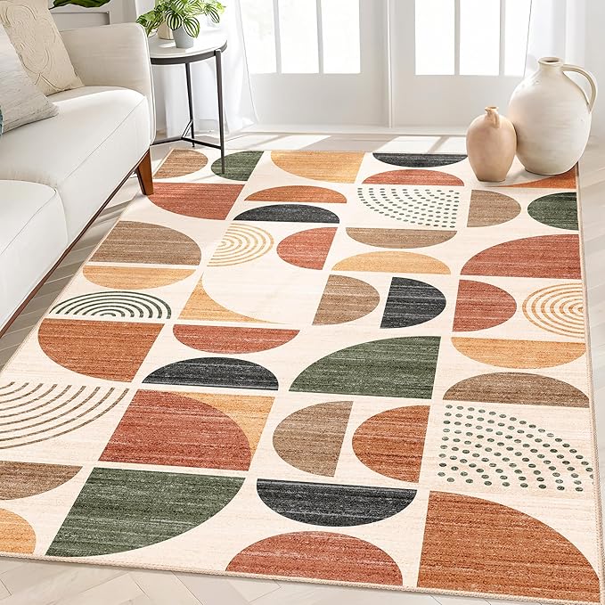 Boho Rug Washable,4x6.5 Area Rugs for Bedroom Living Room Bedside Office,Throw Floor Carpet Non Slip Soft Indoor Modern Abstract Bohemian Terracotta