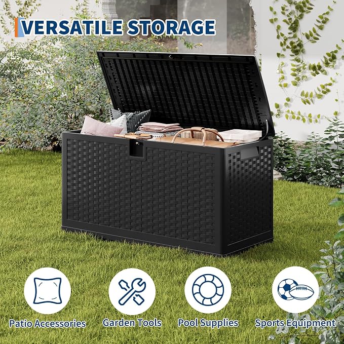 IDEALHOUSE 73 Gallon Resin Deck Box, Waterproof Outdoor Storage Box with Lockable Lid & UV Resistant, Patio Furniture Cushion Storage Container for Garden, Backyard, Poolside (Black)