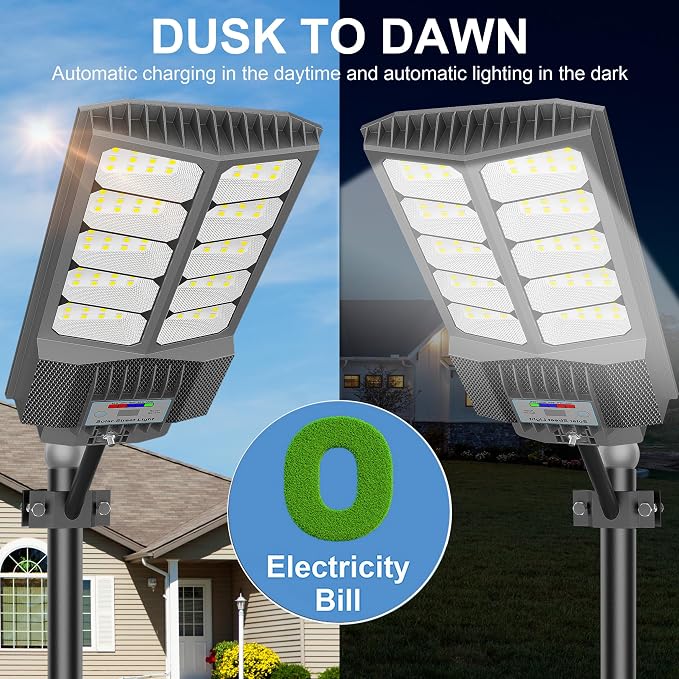 loyoele Solar Street Light with Pole Mount, Dusk-to-Dawn Outdoor LED, 300000 LM, 7000K IP67 Waterproof, Adjustable Modes, for Yard, Parking Lot, Street, Pathway