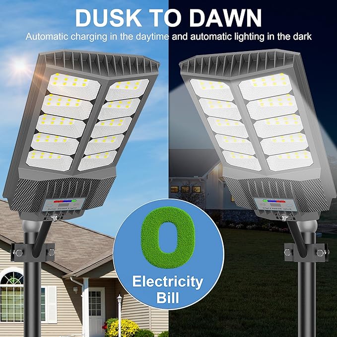 loyoele Solar Street Light with Pole Mount, Dusk-to-Dawn Outdoor LED, 300000 LM, 7000K IP67 Weatherproof, Adjustable Modes, for Yard, Parking Lot, Street, Pathway